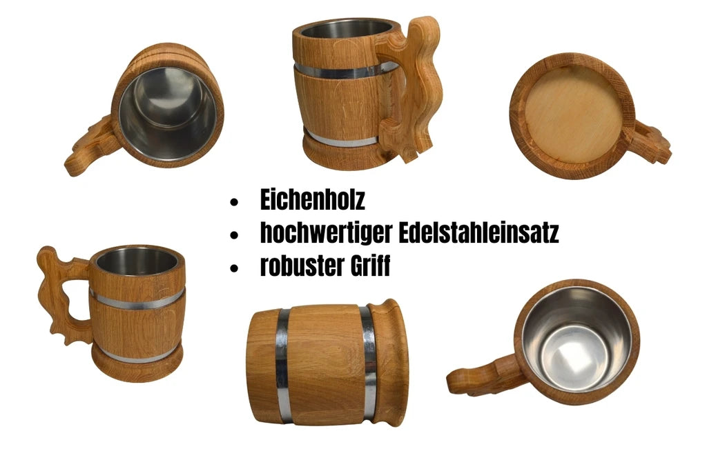 Bierkrug aus Eichenholz, 0,5l mit Edelstahleinsatz